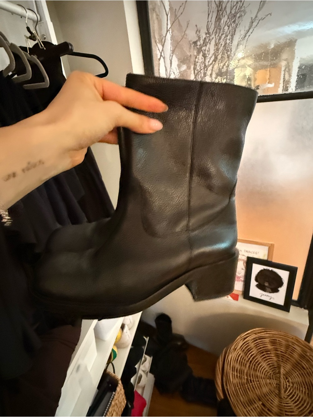 Mango Black Leather Ankle Boots with Low Block Heel